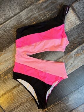 POPVIL small Pink Ribbed One-Shoulder one piece Swimsuit